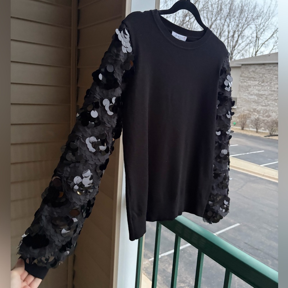 🆕 🇩🇪 Sioni Black Sequin Balloon Sweater Top M Statement Party Glam Pullover Knit - Picture 3 of 12